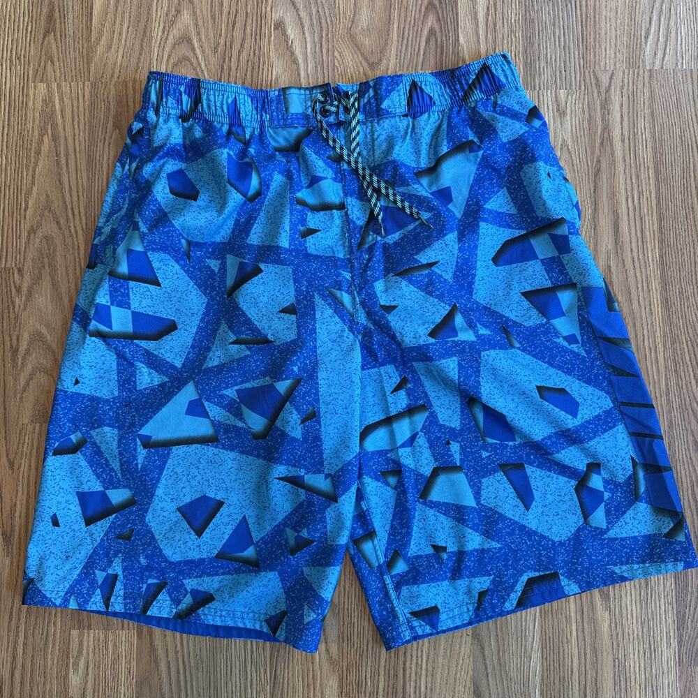Vintage Nike Y2K Board Shorts Swim Trunks L Teal Blue Mesh Lined All Over Print